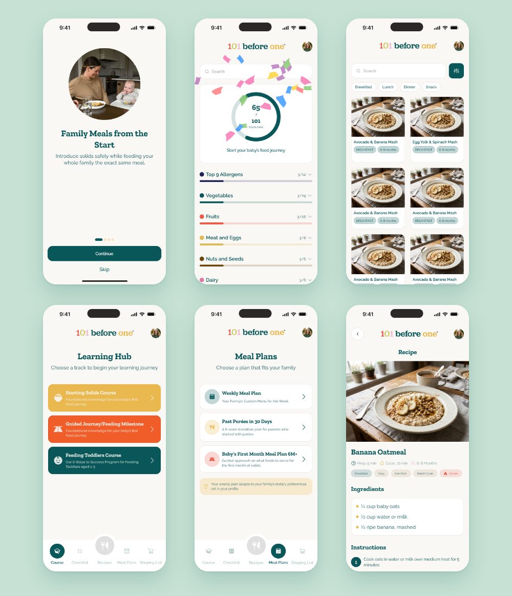 Six screens of the 101 before one app: welcome, the 101 foods checklist, recipes, the learning hub, meal plans and a recipe