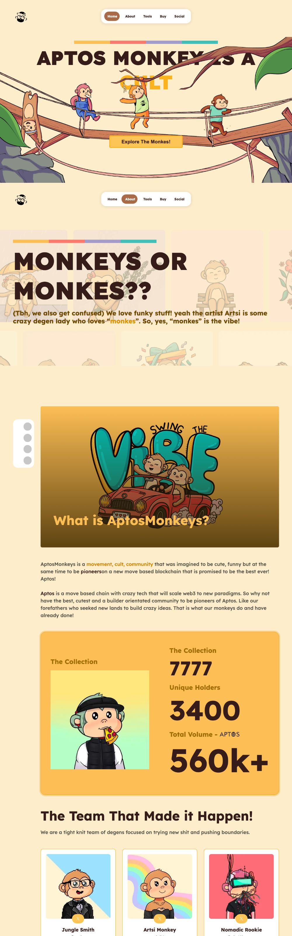 The Aptos Monkeys site: Aptos Monkey is a cult, then About and Swing the vibe