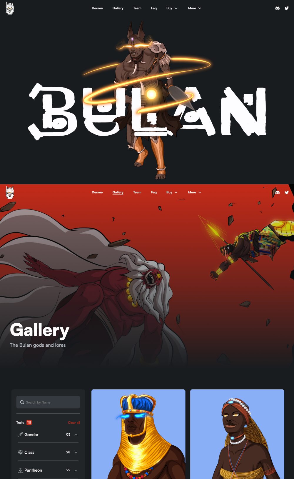 The Bulan website: the BULAN wordmark across a god in a ring of fire, then the gallery of gods and their lore