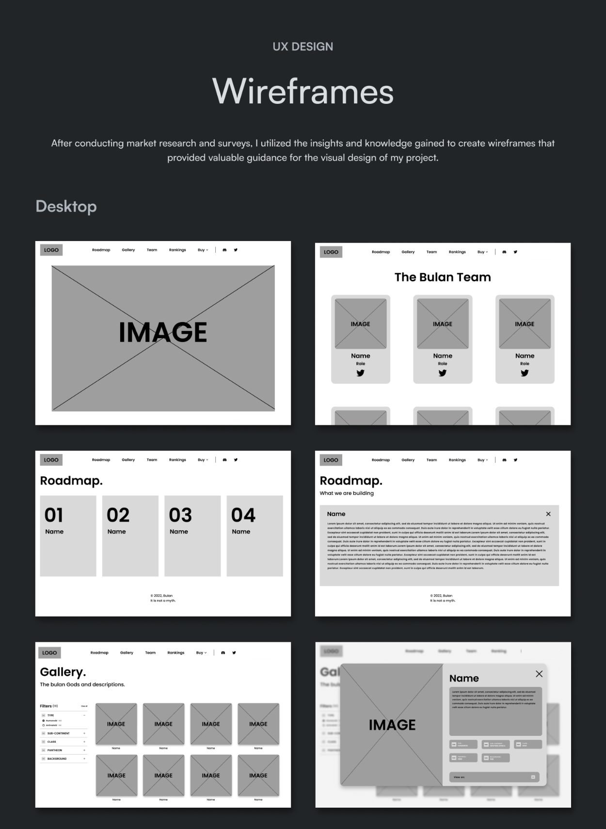 Desktop wireframes: home, team, roadmap, roadmap detail, gallery with filters and a god's detail pop-up