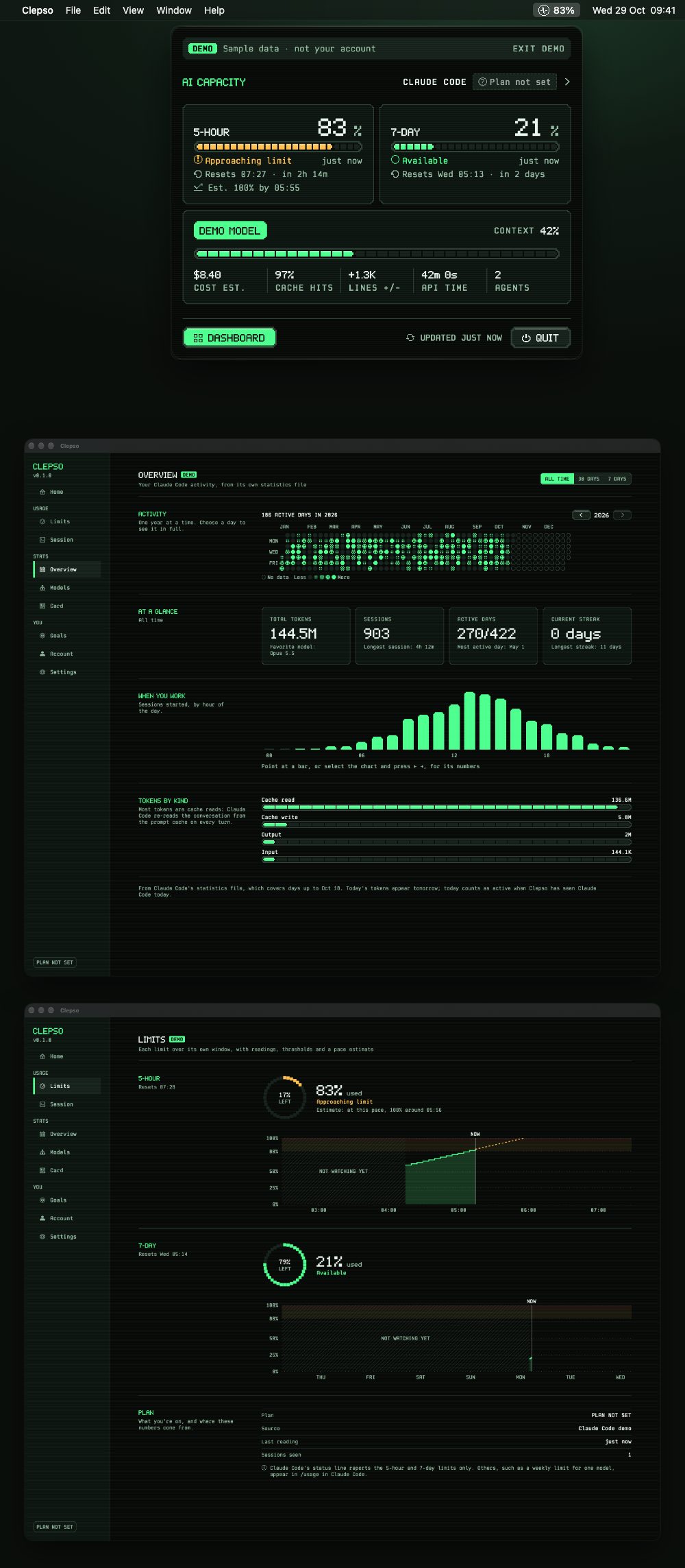 Clepso in the Mac menu bar, its panel open on demo data, then its Overview and Limits windows