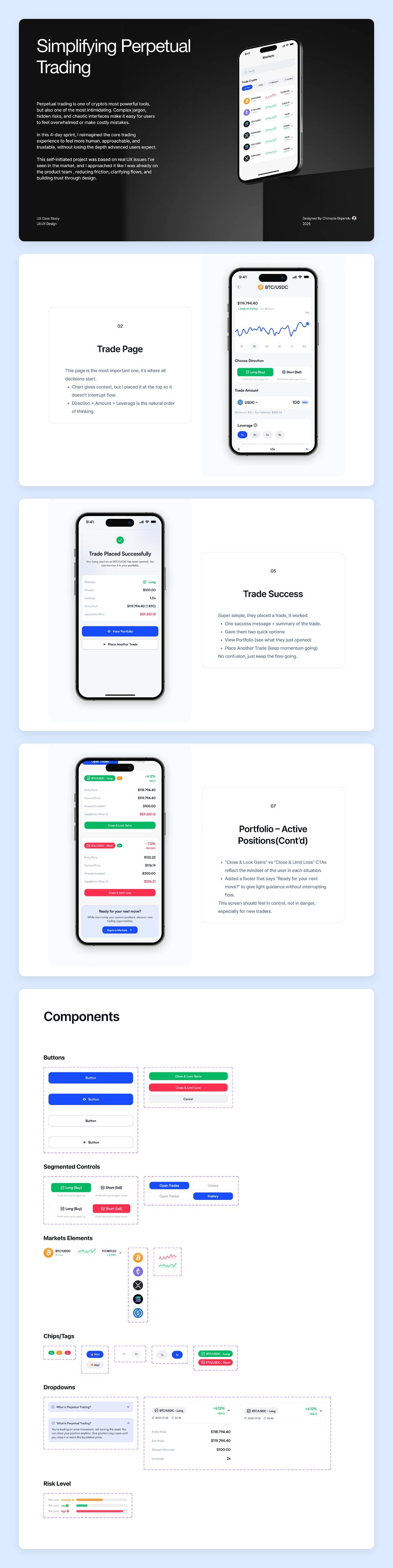 Pages from the case study: cover, trade page, trade success and portfolio screens