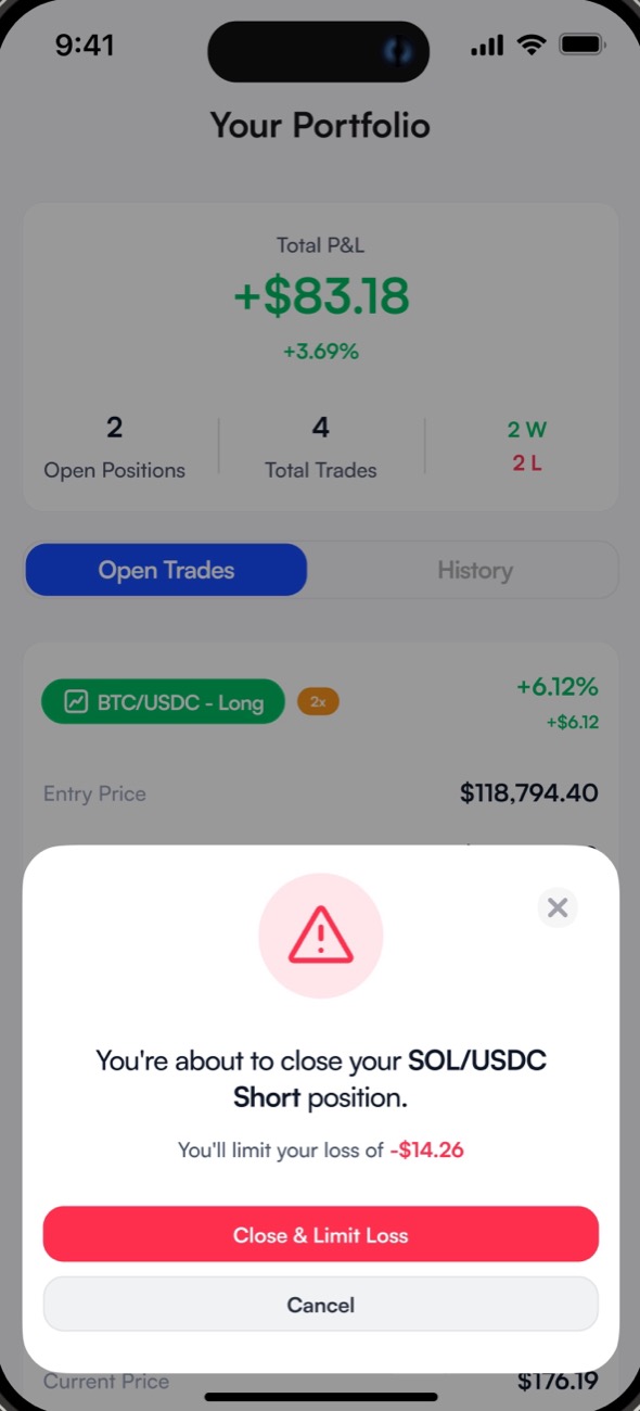 Closing a losing position: a warning icon and You'll limit your loss, with Close & Limit Loss